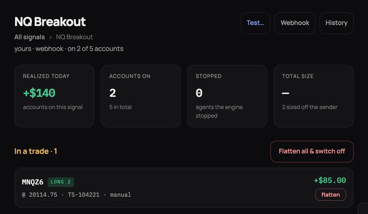 A signal in ClearEdge, with its webhook, a test button and the accounts it trades on
